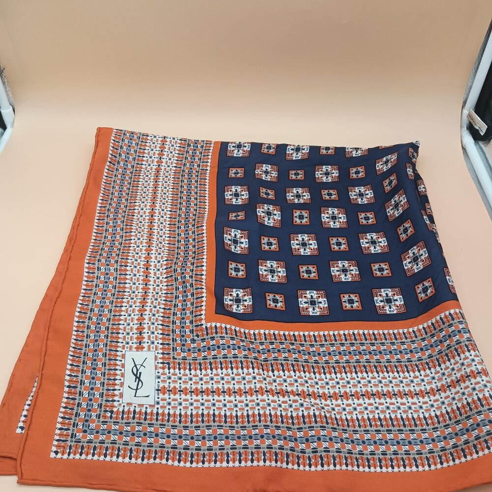 Vintage YSL Silk Scarf Yves Saint Laurent 32x34 GUC Blue Orange White - Picture 3 of 4